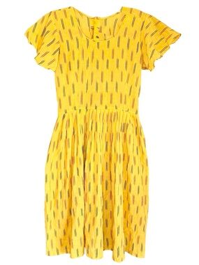 Vintage Style Yellow Cotton Fit and Flare Flutter Sleeve Print Dress - Size XS